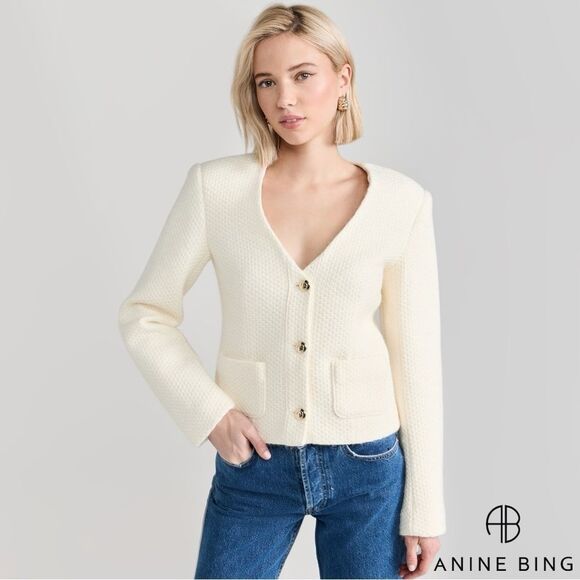 Anine Bing **NWT** Anitta V Neck Woven Jacket in Ivory / White / Cream - Picture 1 of 16